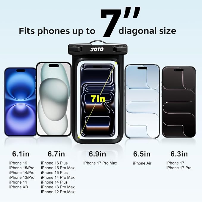 JOTO Up to 7" Universal Waterproof Phone Case for iPhone 17 Air 16 15 14 13 12 11 Plus Pro Max, IPX8 Cellphone Dry Bag XR X SE, Galaxy S23 S22 S21 S20+ S20 S10 Plus Note, Pixel -Black