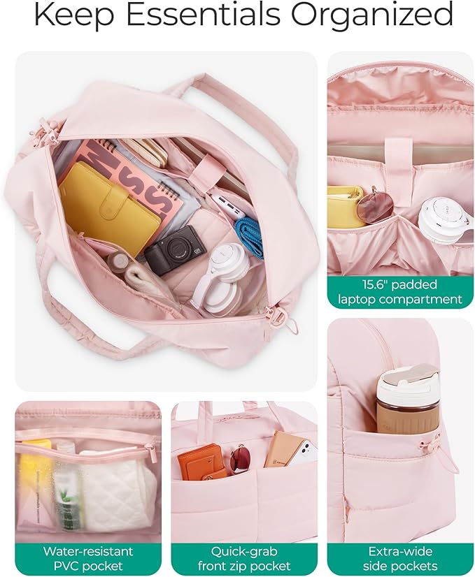 BAGSMART Gym Bag for Women, Lightweight Puffer Duffle Bag 2-PC Travel Bag, 31L Weekender Overnight Bag Quilted Carry On Tote Bag, Diaper Hospital Dance bag for Travel, Gym, Water Resistant, Pink