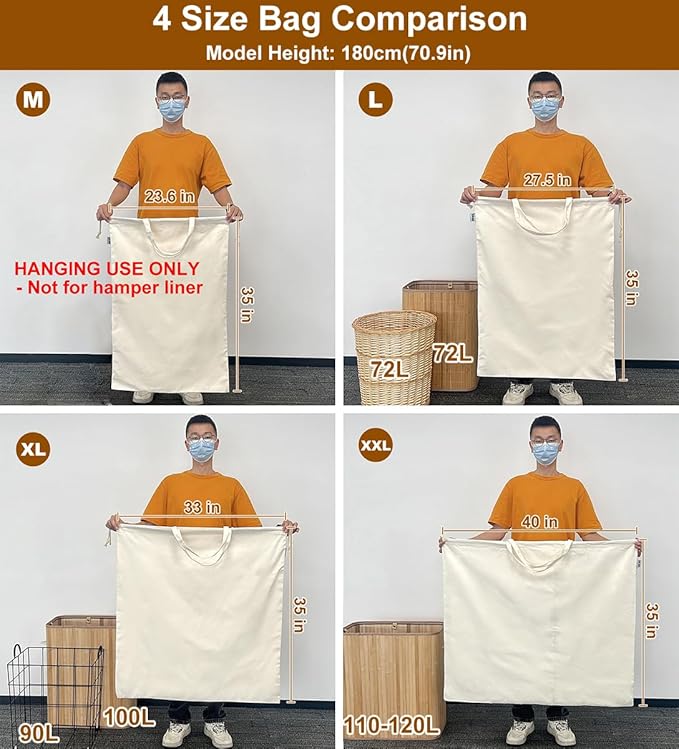 Canvas Laundry Bag with Handles & Drawstring 23.6"x35", Hanging Dirty Clothes Travel Bag, Heavy Duty Washable Laundry Sack (NOT Hamper Liner) - 2 Pack