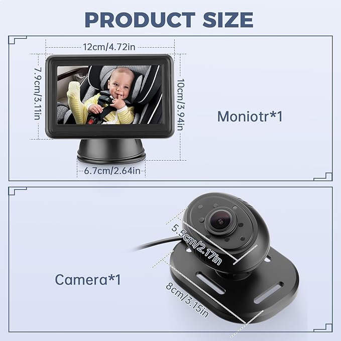 Baby Car Mirror with 4.3'' HD Night Vision Function Display, Safety Car Seat Camera for Infant Newborn,Baby Mirror with Clear Vision & 360° Rotation,Shatterproof & Easy Installation for All Vehicles