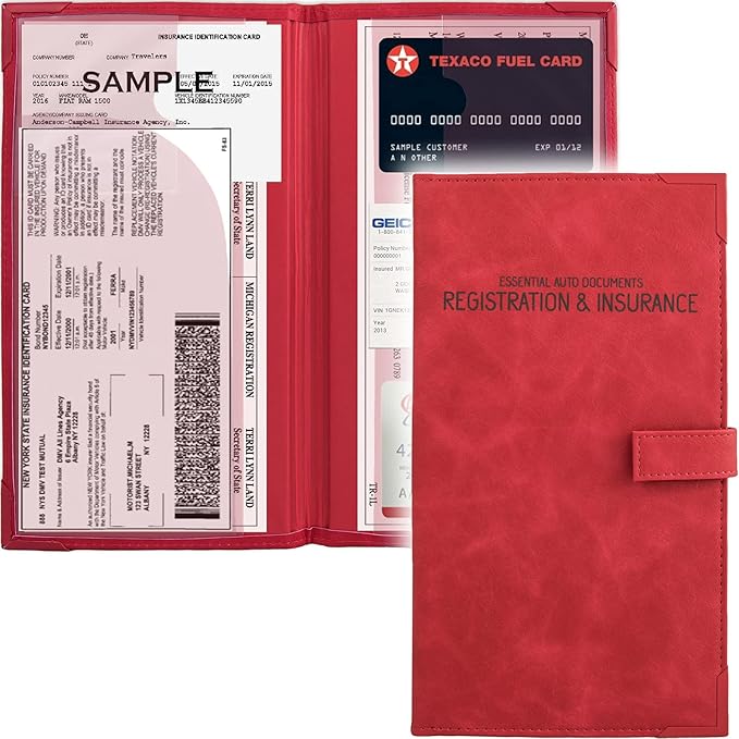 Auto Insurance and Registration Card Holder - Vehicle Glove Box Document Organizer - Car Essential Paperwork Holder for DMV, AAA, Contact Information Cards - Premium PU Leather Wallet Case - Red