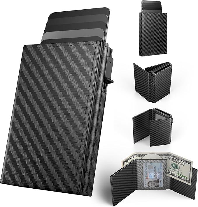 Mens Wallet Card Holder Pop up Card Case,Carbon Fiber Leather Slim Wallet，RFID Blocking 8-9 Card Capacity | ID Window | Cash Slot Minimalist Wallet for Men Black