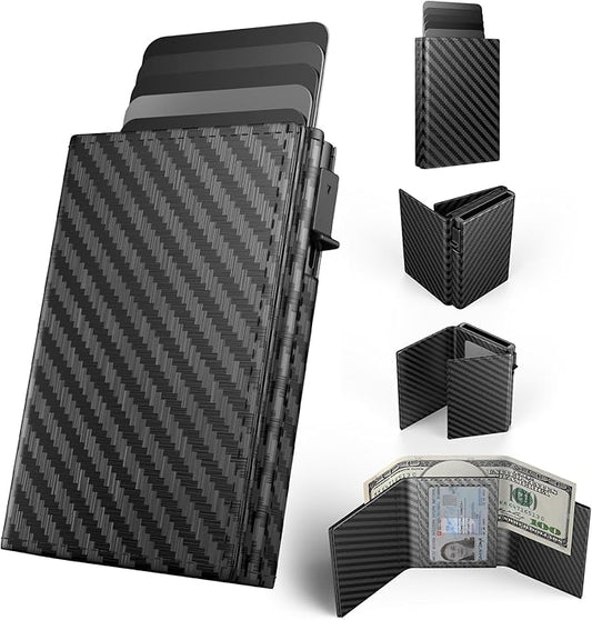 Mens Wallet Card Holder Pop up Card Case,Carbon Fiber Leather Slim Wallet，RFID Blocking 8-9 Card Capacity | ID Window | Cash Slot Minimalist Wallet for Men Black