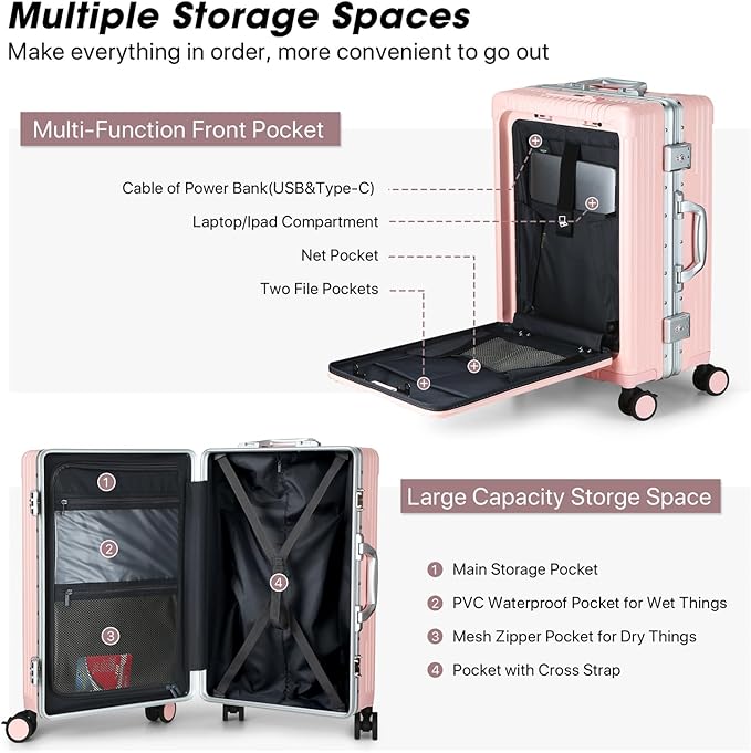 MRPLUM Front Pocket Carry On Luggage,PC Hardside Spinner Wheel Suitcase with TSA Lock,Cup Holder,Phone Holder&USB Charging Port,Pink(1 Piece)