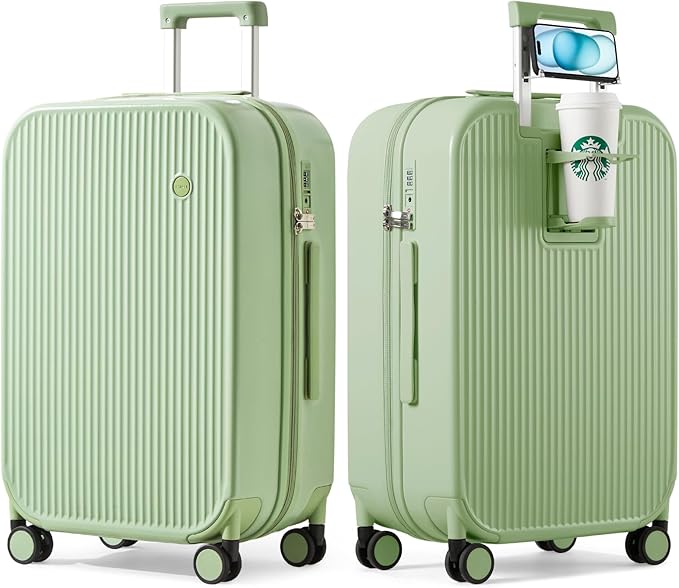 mixi Checked Luggage with Cup Phone Holder Hard Shell Rolling Travel Suitcase with Spinner Wheels,26 Inch Avocado Green