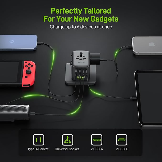 Epicka Pulse Duo 65W International Power Adapter, Universal Travel Adapter with 6-Port (2 AC/2 USB-A/2 USB-C), European Travel Plug Adapter with PD & QC 3.0 Fast Charging, Travel Essentials (Black)