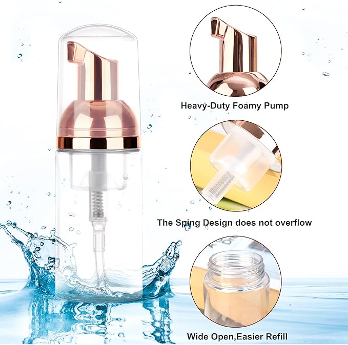 8 Pcs 1oz 30ml Plastic Foamer Pump Bottle Foam Dispenser Bottles Mini Liquid Foaming Bottles for Refillable Travel Hand Soap Foaming,Shampoo,Castile,Cleaning (Rose Gold+Clear)