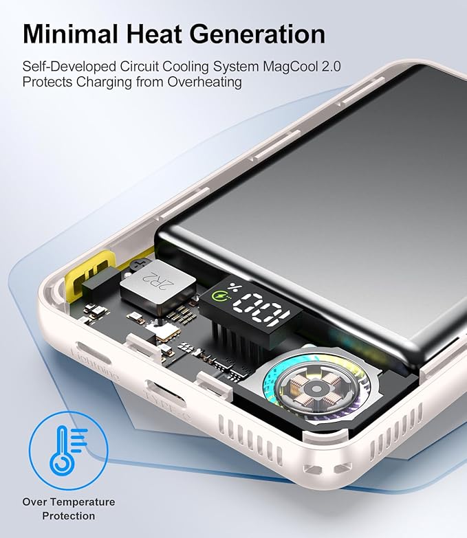 Magnetic Power Bank 10000mAh,Foldable Wireless Portable Charger with Fan Active Cooling System,Fast Charging Battery Pack,Compatible with iPhone 16/15/14/13/12 Pro/Pro Max/Plus/Mini