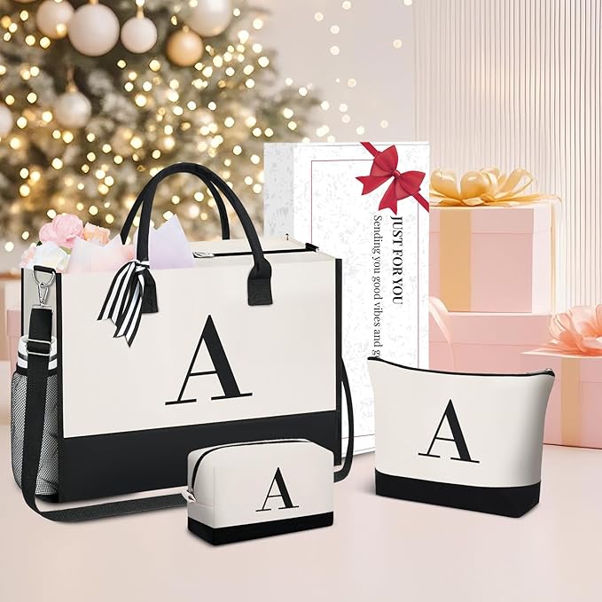 BAGAIL Initial Tote Bag, Personalized Birthday Gifts for Women, Teacher, Friends, Mom, Wedding, Monogrammed Beach Bag