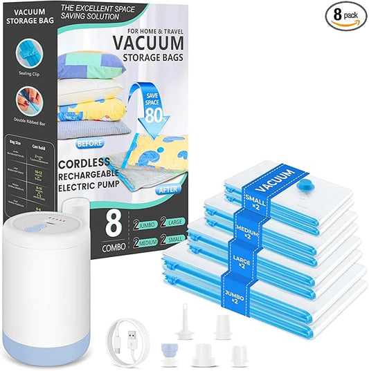 Vacuum Bags for Travel with Portable Electric Pump, 8 Pack Vacuum Seal Bags for Luggage and Suitcase Compression, Space Saver Vacuum Storage Bags for Clothes and Clothing Travel
