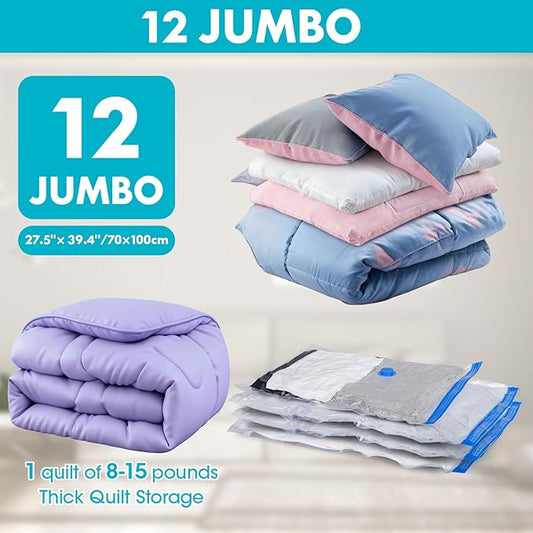 Vacuum Storage Bags with Hand Pump, 12 Jumbo Compression Space Saver Vacuum Seal Bags for Clothing, Travel Luggage, Comforters, Blankets, Pillows, Bedding(12J)