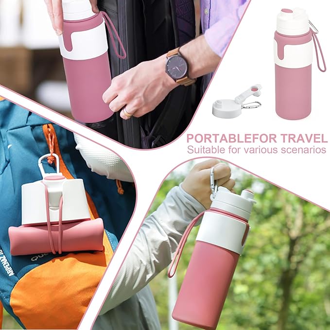 Collapsible Water Bottles for Travel - 26oz BPA-Free Foldable with Carabiner, Lightweight Leak-Proof Design, Portable Reusable Bottle for Hiking, Airplane, Camping (Pink)