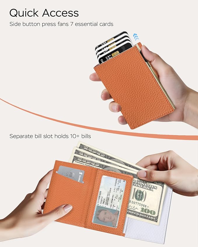Vast Scenery Women's Small Wallet - 2026 Trendy Vibrant Orange, RFID Blocking Smart Metal Pop Up Card Holder, Ultra Slim Fits Most Bags & Pockets, Holds 11+ Cards 10+ Bills, Gift for Her