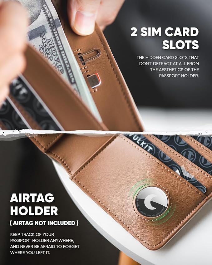 VULKIT Passport Holder with Airtag Holder RFID Blocking Passport Wallet Travel Leather Passport for Women(Beige Brown)