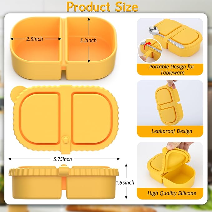 ICEROYCE 4 Pack Silicone Snack Containers with Lids, Double Compartment Snack Containers for Sauce, Reusable Silicone Food Storage Box for Lunch Office Travel