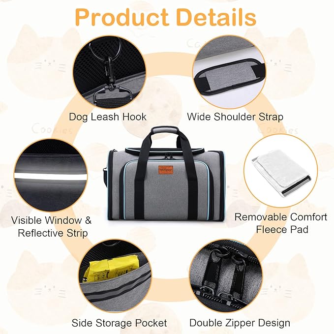 Expandable Pet Carrier,Airline Approved Soft-Sided Cat Dog Travel Bag with Hard Shell Base, Blue Trim, Removable Fleece Pad for Small Pets (Gray)