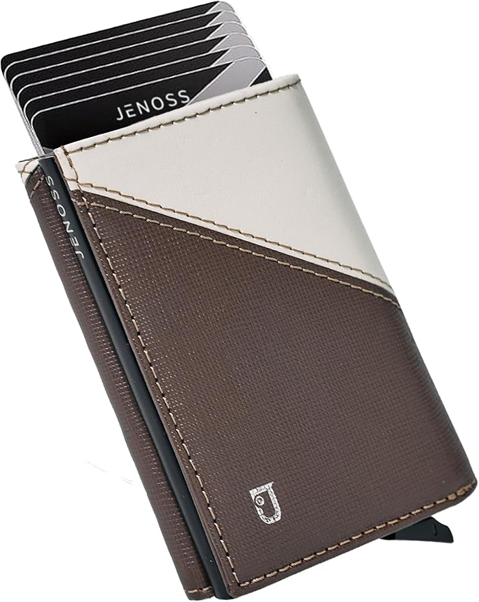 Jenoss Smart Wallet For Men: Full Grain Leather, Handcrafted, Slide Metal Pop Up Case, Slim RFID Blocking Credit Card Holder, Compact 12 Cards Slot Organizers, ID, Money Clip (Brown & Cream)