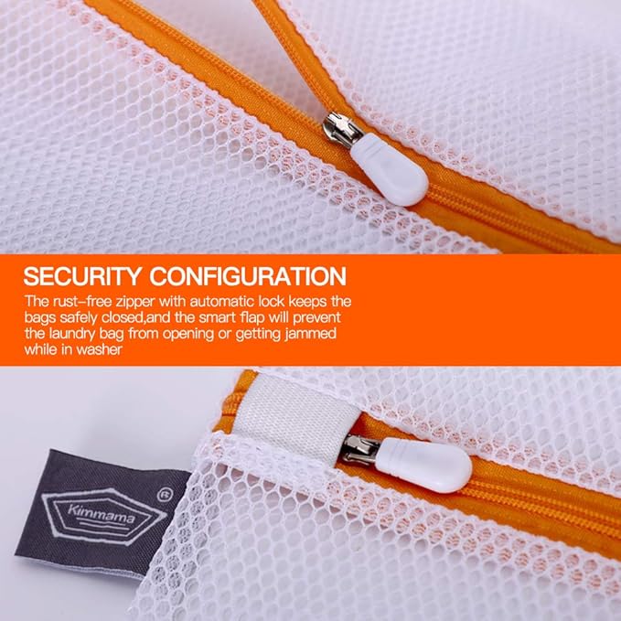 Kimmama Laundry Mesh Wash Bags, Lingerie Bags for Washing Delicates, White Net, Orange Zipper, 1L & 1M