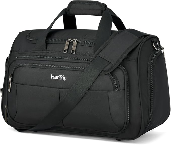 HanTrip Carry on Duffel Bag Foldable Duffle Bags for Travel, Under Seat Personal Item Bags for Airplanes, Weekender Overnight Mens Travel Tote Bag for Women Small Softside Carry on Luggage (Black)