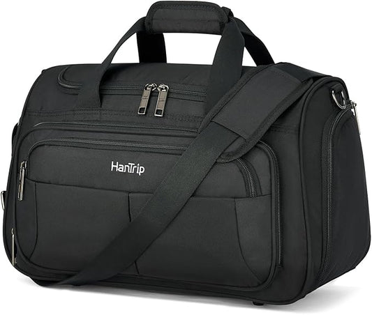 HanTrip Carry on Duffel Bag Foldable Duffle Bags for Travel, Under Seat Personal Item Bags for Airplanes, Weekender Overnight Mens Travel Tote Bag for Women Small Softside Carry on Luggage (Black)