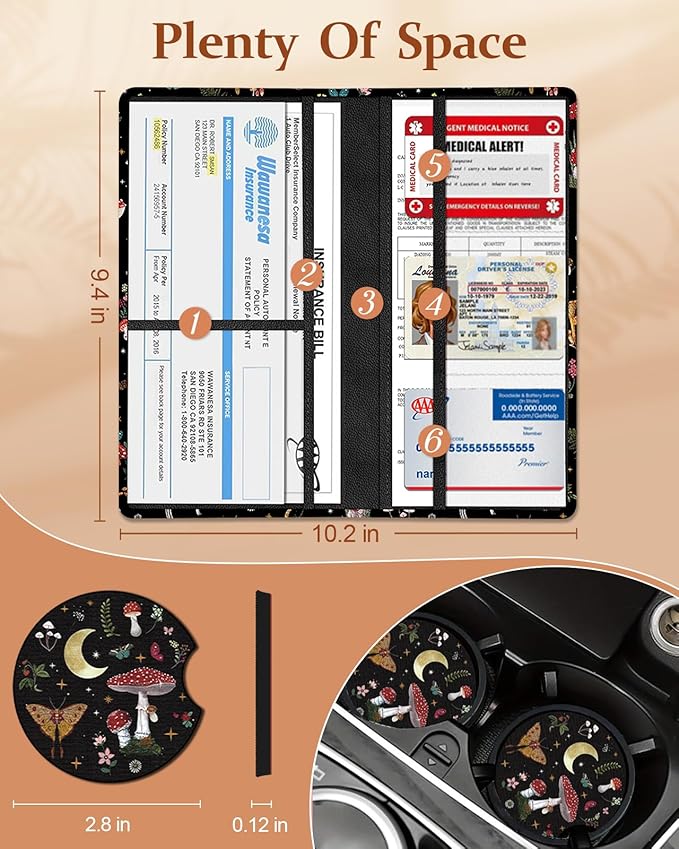 Slohif Car Registration and Insurance Holder - Black Mushroom Vehicle Glove Box Organizer Women with Magnetic Shut Leather Automobile License Holders Coasters Auto Accessories Case for Document