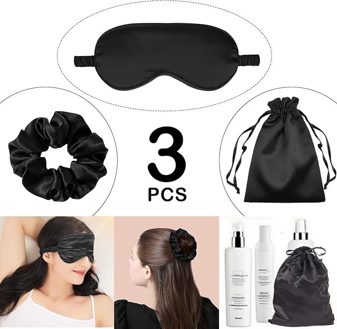 3Pcs Satin Eye Mask Silk Sleep Masks Set Silky Blindfold Eyeshade Blackout Eyes Cover Pouches Bag Scrunchy Wedding Gift