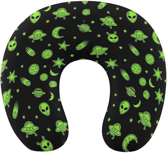 Memory Foam Travel Pillow Chin Head Support Cushion Alien Funny Spaceships Planet Green Black, Washable Removable Cover for Airplane Car Outdoor Sleep