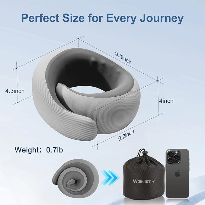 Neck Pillow for Traveling,Travel Neck Pillow for Airplanes,Portable,Smooth & Cooling Fabric,100% Pure Memory Foam,Neck Pain Relief with Breathable 360º Ergonomic Support for Long Flight(Gray)