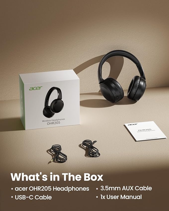 acer Wireless Bluetooth Headphones, 70 Hours Playtime, Foldable Over-Ear Headphones with 40mm Drivers, Memory Foam Earpads, Multipoint Bluetooth 6.0 for Travel, Home, Office, Black