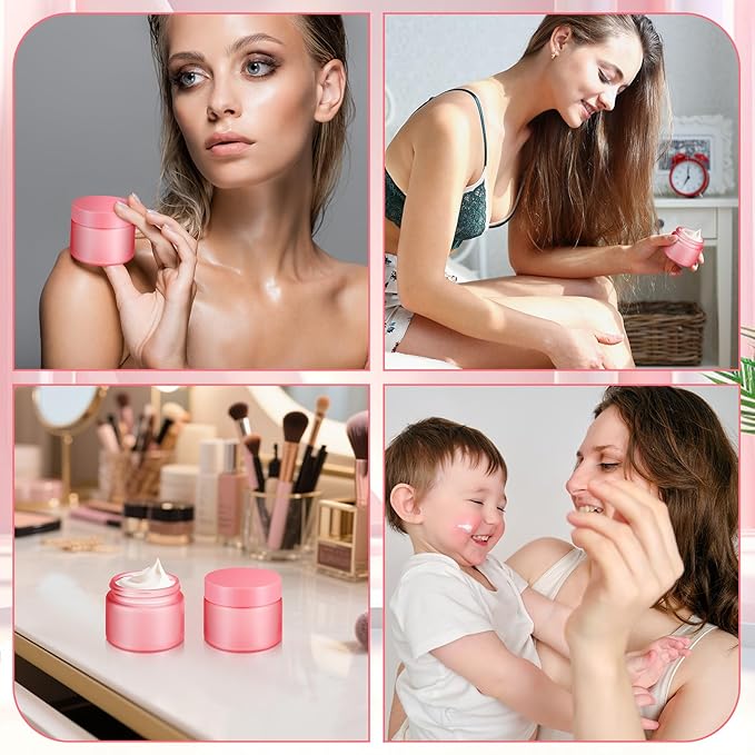 Domensi 48 Pcs 2 oz Glass Jars with Lids Travel Size Round Leakproof Empty Cosmetic Jars with Inner Liners Lid for Storing Makeup Lotions Face Cream Ointments Candle DIY Making (Pink)