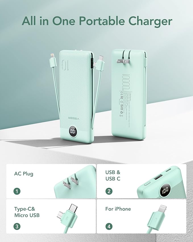 VEGER Portable Charger with Built-in AC Plug and Cables, All in One 10000mAh Ultra-Slim Power Bank, 15W Fast Charging for iPhone, Samsung, Android, Travel Essential (Coffee)