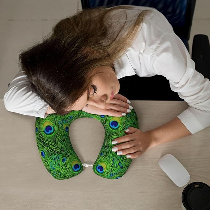 Neck Pillow Memory Foam Chin Cushion with Breathable Cover Animal Beautiful Peacock Feather Green, Cute Airplane Car Pillows for Office Head Pain Relief