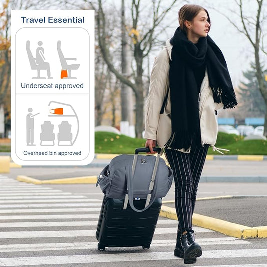 TOPDesign Travel Duffel Bag for Women, Puffer Gym Bag Sports Tote with Wet Pocket, Carry On Weekender with Luggage Sleeve (Blue Grey)