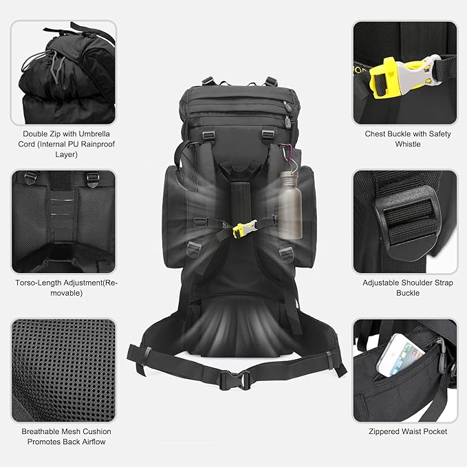 IX INOXTO 85L Lightweight Internal Frame Hiking Backpack for Men Women, Waterproof Travel Camping Backpack with Rain Cover (Black)
