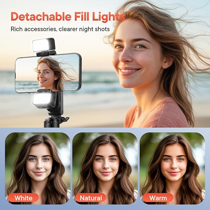 Phone Tripod, 4-in-1 Magnetic Mini Selfie Stick,Pocket Size Selfie Stick with Wireless Detachable Remote Control & 2 Fill Light for Photograph, Vlogging Compatible with iPhone/Android