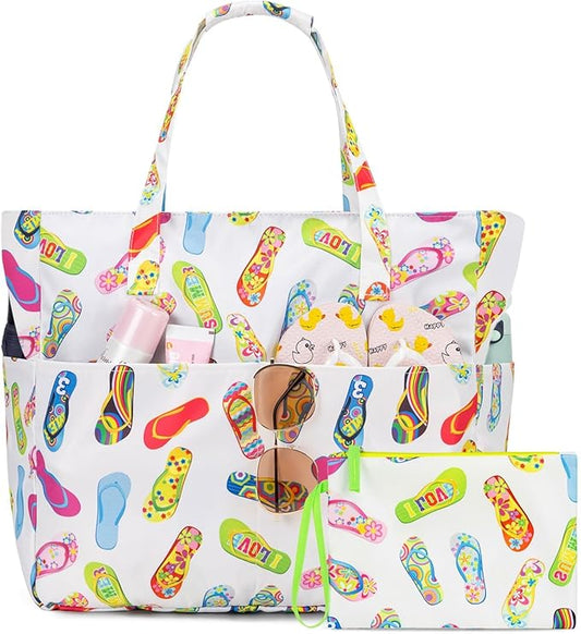 KABAQOO Extra Large Beach Bag Waterproof Sandproof Women Beach Tote with Zipper & Wet Compartment for Pool Gym Grocery Travel