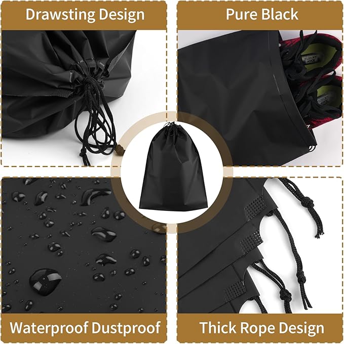 20 Pack Black Shoe Bags for Travel, 15.7" x 11.8", Waterproof Portable Drawstring Travel Shoe Storage Bags