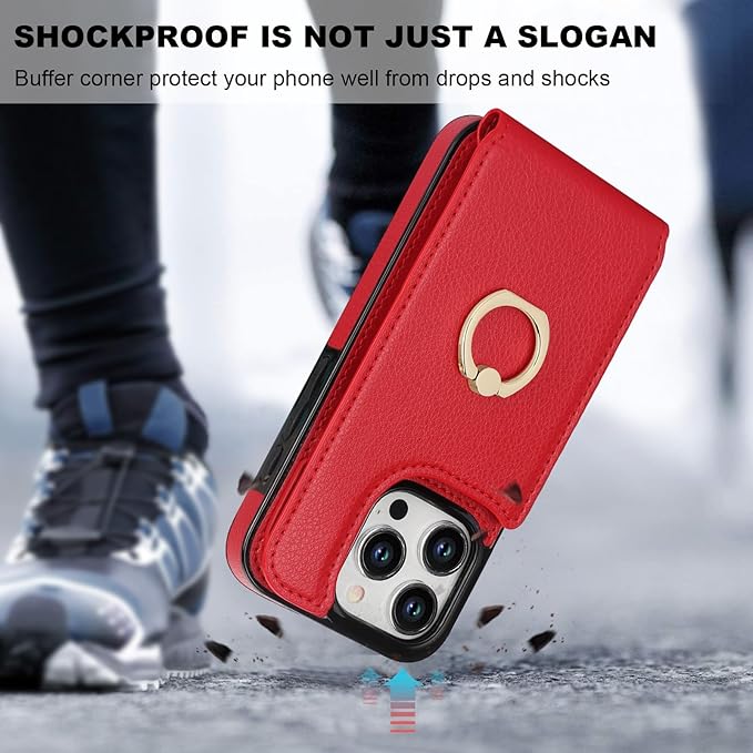 Folosu Compatible with iPhone 15 Pro Case Wallet with Card Holder, 360°Rotation Finger Ring Holder Kickstand, RFID Blocking Leather Protective Double Buttons Shockproof Cover 6.1 Inch Red