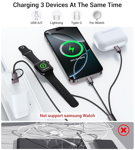 Temdan for Travel Vacation Essentials,3 in 2 USB C Cable for Apple Watch Charger/iPhone 17 Charger/Lightning,Multi Charging Cable Cord,Camping Essentials,Designed for iWatch &iPhone 16-12-5FT Black