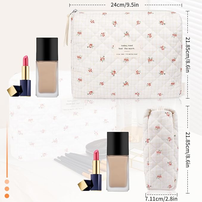 Floral Makeup Bag, Small Cosmetic Bag for Women Girls, Cute Cotton Makeup Bag, Quilted Makeup Bags, Flower Travel Toiletry Organizer Bag(Checkered Flower)