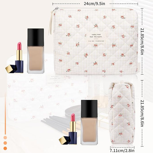 Floral Makeup Bag, Small Cosmetic Bag for Women Girls, Cute Cotton Makeup Bag, Quilted Makeup Bags, Flower Travel Toiletry Organizer Bag(Checkered Flower)