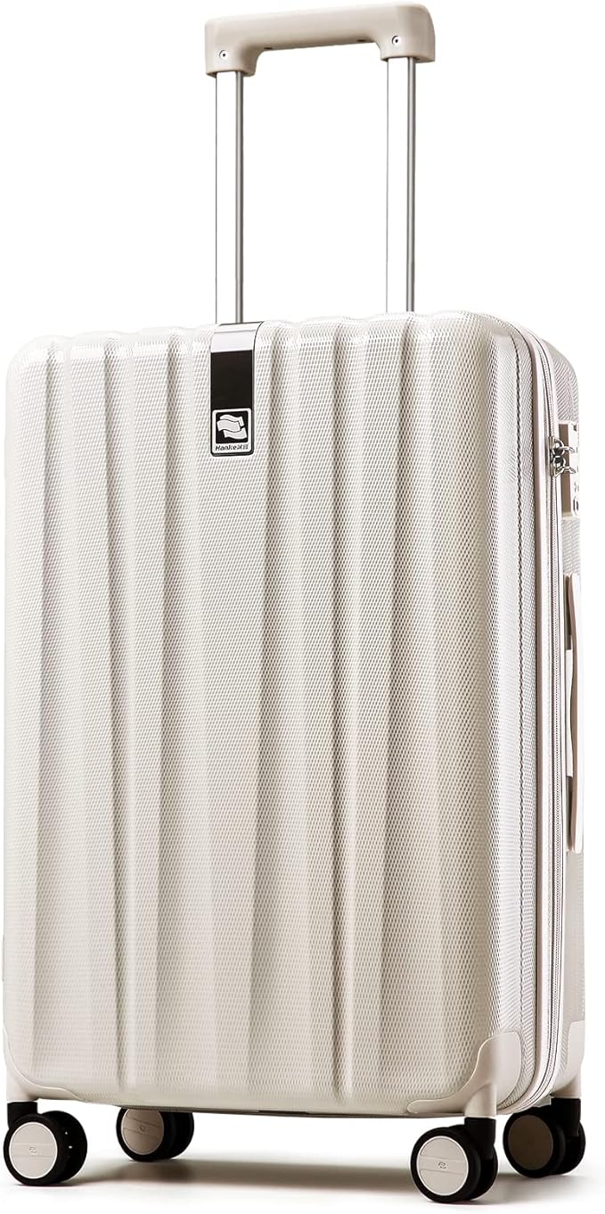 Hanke 24 Inch Luggage Suitcases With Spinner Wheels Lightweight PC Hard Shell Rolling Suitcase With Travel Lock,Checked-Medium 24-Inch(Ivory White)