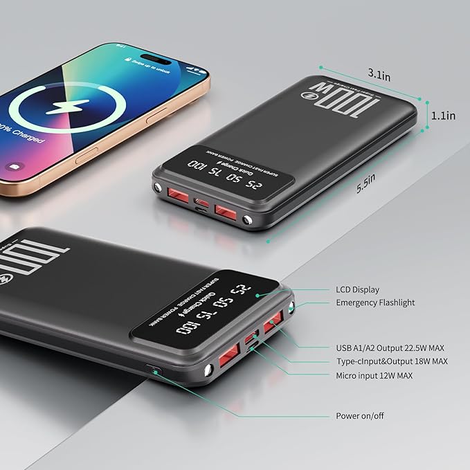 DJKK Portable Charger Power Bank 26800mAh 22.5W Fast Charging Slim External Battery Pack, LCD Display PowerBank with 2 USB 22.5W MAX & USB C 18W in/Out Compatible with All Smart Phones (Black)