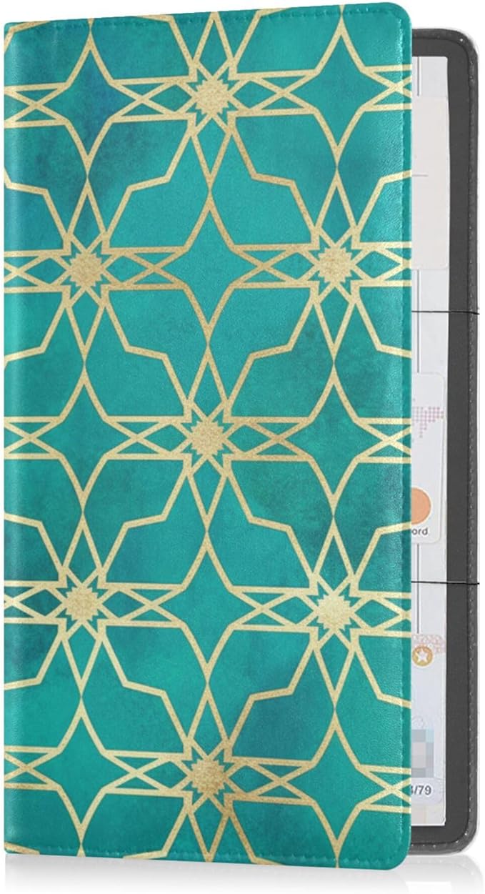 linqin Car Registration and Insurance Card Holder, Golden Teal Pattern Glove Box Organizer Card Document Wallet