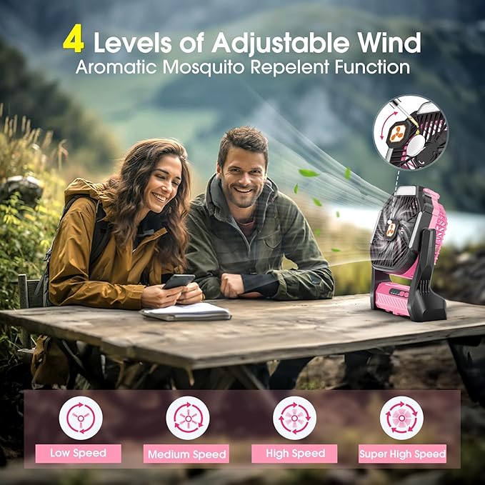 Portable Rechargeable Fan, 20000mAh Cordless Battery Powered Camping Tent Fans with SOS & LED Lantern, Small USB C Operated Outdoor Ventiladores for Travel Camp Fishing Office Home Essentials (Pink)