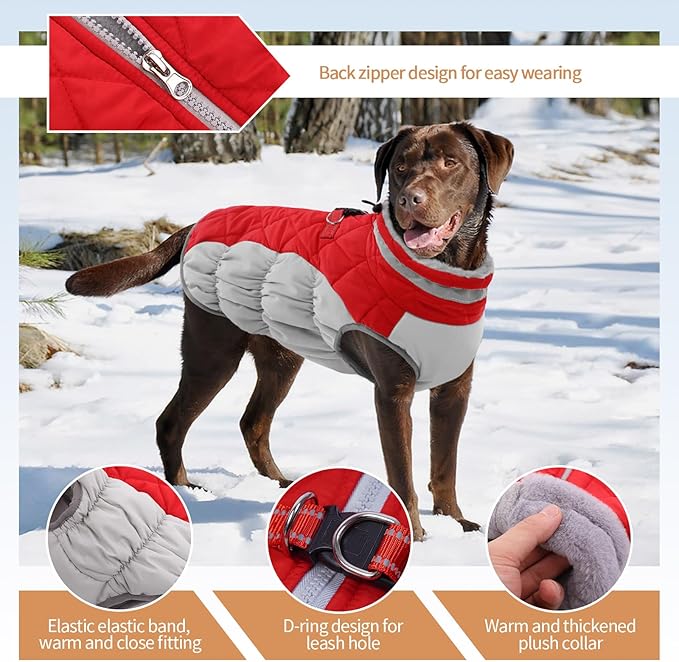OUOBOB Dog Coats for Large Dogs,XL Dog Coat,Warm Fleece Winter Coat with D-Ring,Back Zipper Pet Jacket for Large Dogs,Waterproof Pet Snow Jacket Clothes Snowsuit Beagle Corgi Border Collie,Red,XL
