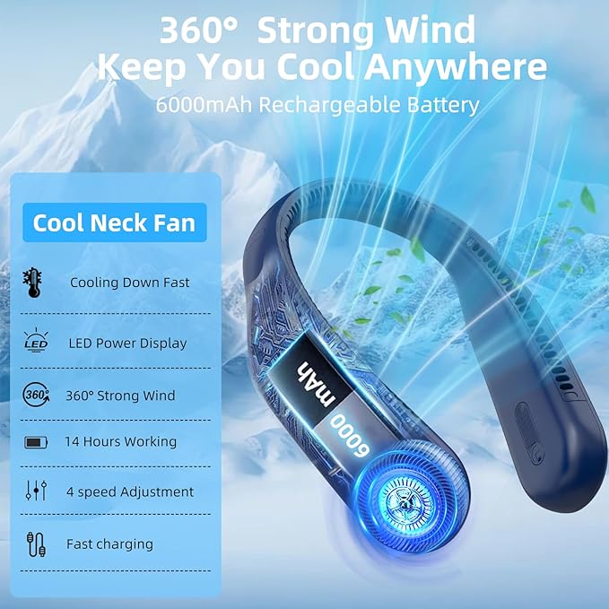 Portable Neck Fan,Hands Free Personal Wearable Bladeless Fan,6000mAh USB Rechargeable,360° Cooling,LED Display,4-Speeds,Birthday Gifts for Men Women Dad Mom,Stocking Stuffers Christmas Gifts (Blue)