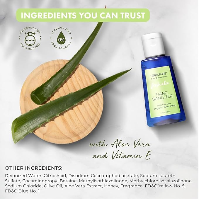 Terra Pure Hotel Hand Sanitizer Gel | Mini Hand Sanitizer Bulk | Alcohol-Free with Organic Aloe Vera | 1oz Bottles | Case of 144