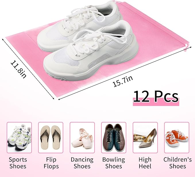 12 Pack Shoe Bags for Travel, Large Travel Shoe Bags for Packing with Clear Window, Dustproof Drawstring Travel Shoe Storage Bags Travel Essentials for Men & Women, Pink