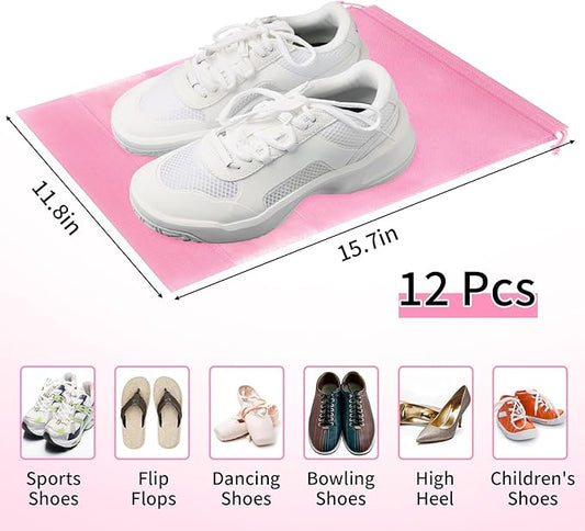 12 Pack Shoe Bags for Travel, Large Travel Shoe Bags for Packing with Clear Window, Dustproof Drawstring Travel Shoe Storage Bags Travel Essentials for Men & Women, Pink